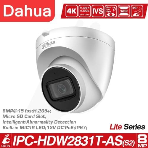Dahua OEM Version 8MP 4K IP Camaera IPC-HDW2831T-AS Starlight Built-in Mic SD Card Slot H.265 IR 30M IP67 Surveillance IP Camera
