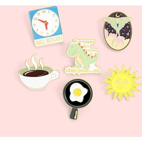 Exquisite Life Badge Creative Cartoon Fried Egg Coffee Clock Dinosaur Metal Enamel Brooch Fashion Lapel Backpack Jewelry Gift