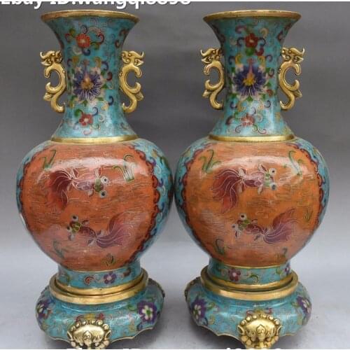 Chinese Cloisonne Enamel Gilt Goldfish Fish Dragon Handle Vase Bottle Pot Pair