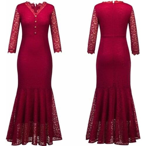 Europe and the United States fashion sexy seven-point sleeve lace dress High waist V collar hook flower hollow button long dress