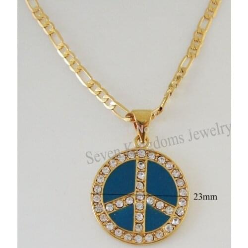 MIN Order 10$ CAN MIX DESIGN/- YELLOW GOLD GP FILL BRASS 24" NECKLACE&ROUND PEACE SIGN CZ STONE PENDANT/Great Gift