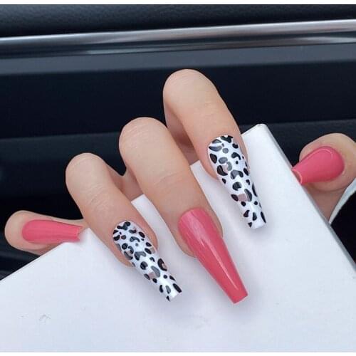 Leopard Nails with Glossy Pink Fake Fingernails Coffin Long Press on False Nails JP2047-B3