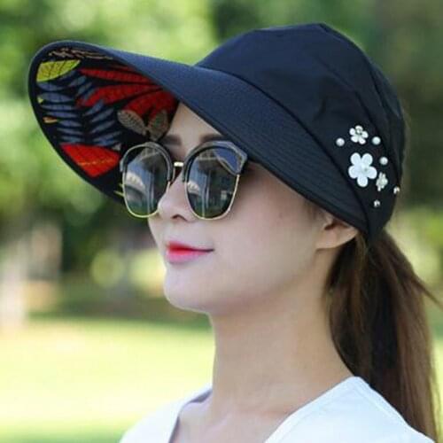 Hot Summer Sun Hat With Pearl Adjustable Big Heads wide-brimmed Beach Hat UV Protection Packable Sun Visor Hat With 1PCS