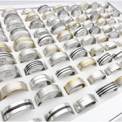 MixMax 50pcs/Lot Mens Womens Fashion Stainless Steel Black Gold Silver Plated Striped Pattern Party Jewelry Wholesale Lot