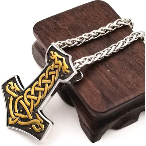 Stainless Steel Mix Gold Thor hammer Mjolnir Pendant Odin Wolf Amulet Talisman Jewelery Viking Male Necklace Dropshipping