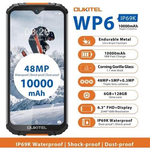 OUKITEL WP6 Smartphone 6G RAM 128G ROM 6.3" Octa Core IP68 Waterproof 9V/2A 10000mAh Battery 48MP Triple Camera Mobile Phone
