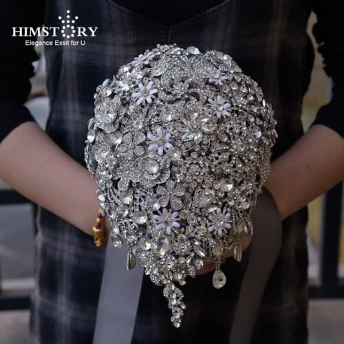HIMSTORY Luxury Waterfall Full Diamond Silver Bridal Bouquets Bling Rhinestone Bouquets Wedding Accessories Ramo Flores Novia