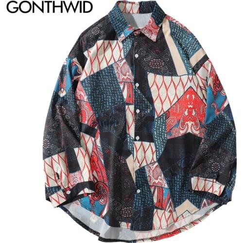 GONTHWID Japanese Ukiyo E Geometry Patchwork Long Sleeve Shirts 2020 Hip Hop Casual Streetwear Shirts Men Women Fashion Tops