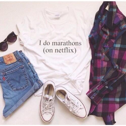 Skuggnas I do marathons on netflix letter print t shirt women sexy tops grunge 90s fashion tumblr graphic tees funny outfits
