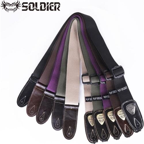 Soldier Acoustic Electric Bass Guitar Strap Black Leather Ends Belt Shoulder Personalized Metal LOGO Straps Guitar Accessories