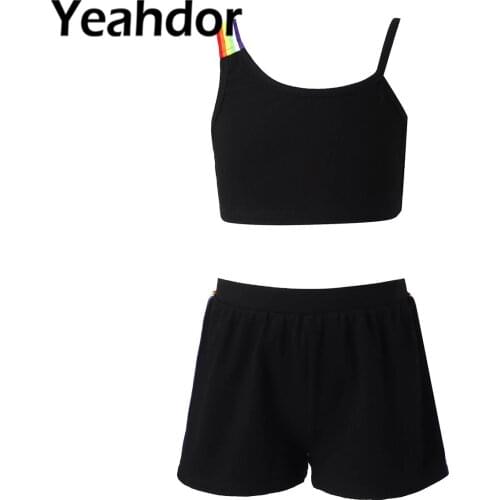 Kids Girls Dance Set Gym Sports Fitness Outfit Sleeveless Round Neckline Crop Tank Top with Shorts Sportsuit for Children