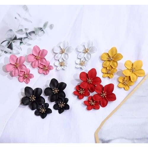 Woman Fashion Elegant Double Big Flowers Earrings Bohemia Korean Style Cute Flower Beach Party Drop Earring