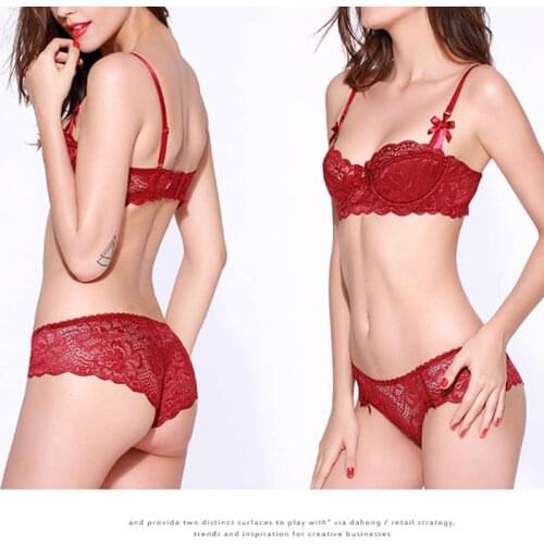 Women Sexy Underwear Set Thin Pad Push Up Bra and Transparent Briefs 95D Cup Lace Floral French Style Comfortable Lingerie Set