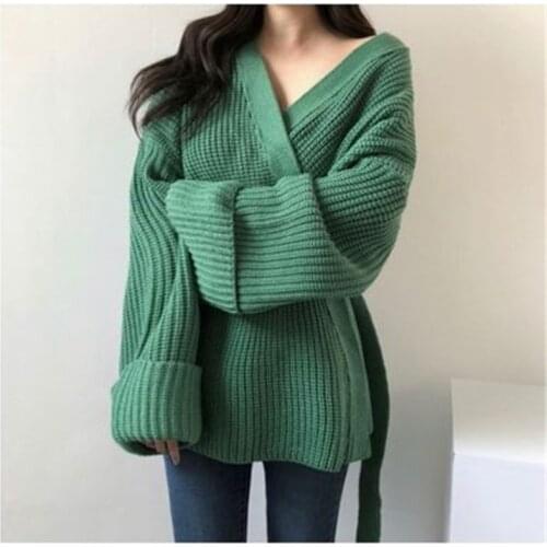 Women Thick Cardigan Sweater Fall Winter Criss-cross V-neck Side Belt Apricot Or Green Sweaters Jackets Female Clothing
