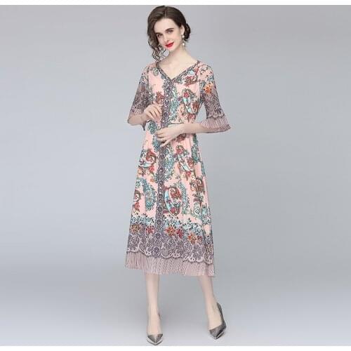 ZUOMAN Women Summer Long Elegant Dress Festa High Quality Vintage Pink Party Robe Femme V-Neck Designer Flare Sleeve Vestidos