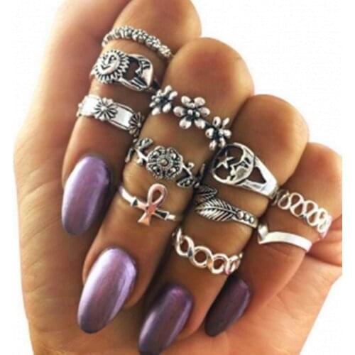 11/set New Charm Retro Flowers Leaf Moon Midi Finger Ring Set for Women Girl Vintage Boho Party Rings Punk Jewelry Gift