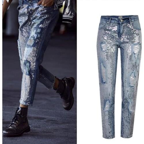 2021 Fashion Womens Mid Waist Loose Straight Blue Jeans Popular Metal Embroidered Bead Piece Worn-out Capris