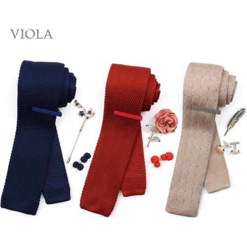 4 PCS Fashion Knit Necktie Sets Brooch Pin Tie Clip Cufflinks Rose Red Brown Men Wedding Party Suit Gift Solid Cravat Accessory