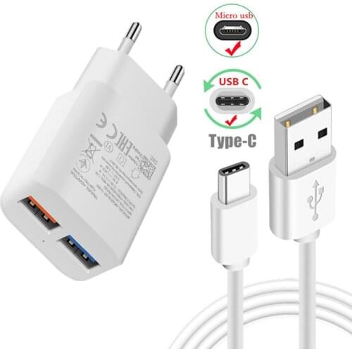 2 usb Port Adaptive Charge Adapter For Samsung Galaxy A52 A12 A10 Phone Charger Type C Micro usb Cable for Xiaomi Huawei Honor