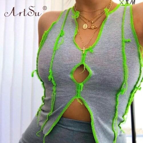 ArtSu Streetwear Crop Tops Women Ribbed Knitting Tank Tops Fashion Skinny Hollow Out Sleeveless Vest Summer Club Top Femme