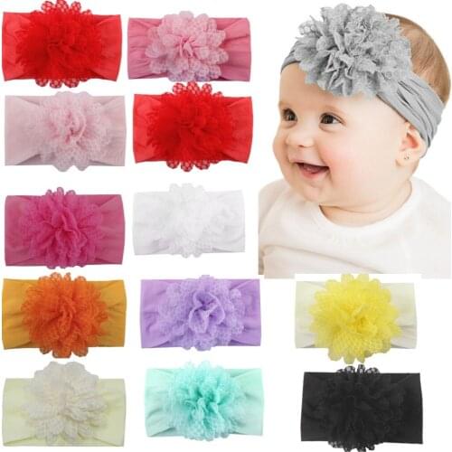 30pc/lot Kids Tulle Flower Nylon Headbands For Girls Soft Wide Nylon Headbands Children Girls Turban Hair Accessories
