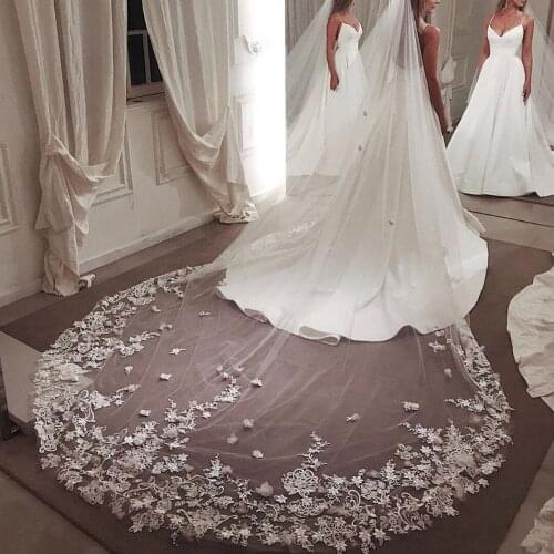 Lace Cathedral Bridal Veils Custom Made 3D Appliqued 300cm Cut Edge Bridal Veil White Ivory Wedding Veils With Comb Bridal Veils