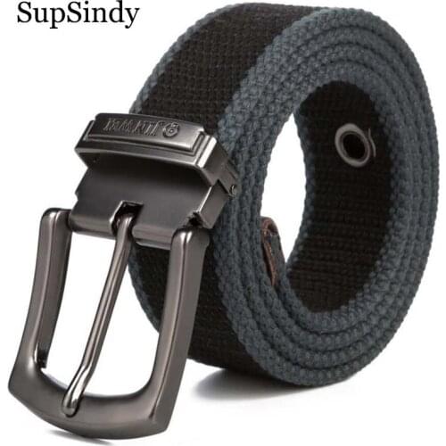SupSindy Canvas belt men luxury belt metal pin buckle Army tactical belts for Women jeans High quality military strap male Black