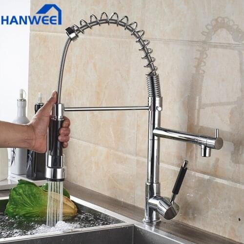 Chrome Spring Kitchen Faucet Pull Down Dual Swivel Spout Hot Cold Mixer Tap Crane 360 Rotation Pull Out Kitchen Sink Faucets