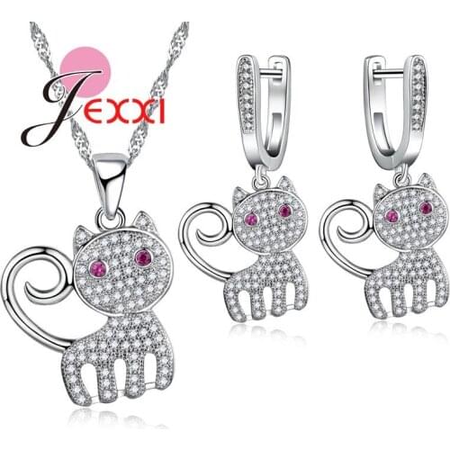 Cute Design 925 Sterling Silver Pretty Necklace Drop Earrings Set Crystal Cat Shape Pendant Jewelry Sets Wholesale