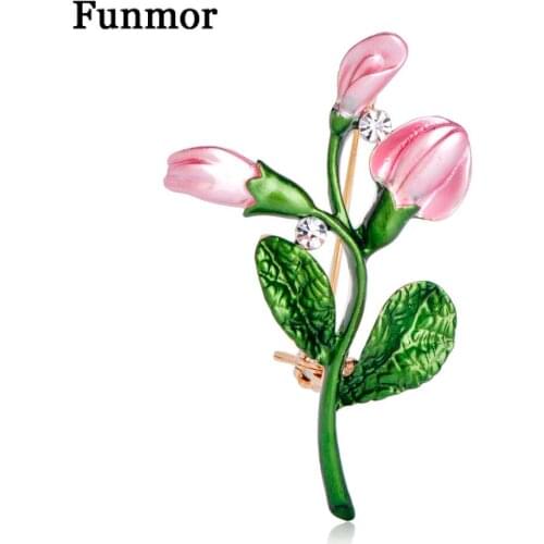 FUNMOR Beautiful Enamel Pink Tulip Flower Brooches For Women And Men Alloy Plants Weddings Banquet Party Brooch Suit Accessories