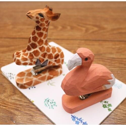 Handmade wood animal mini stapler office creative wooden stationery