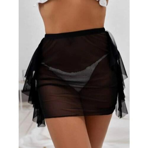 Summer Women Bikini Cover Up Skirt Solid Color Perspective Mesh Beach Dress High Waist Ruffle Ladies Swimsuit Cover Up Beachwear