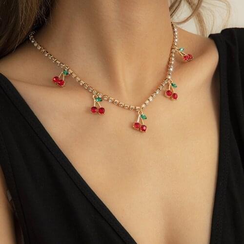 Fashion Charm Rhinestone Cherry Pendant Necklace for Women Luxury Cute Tennis Chain Choker Crystal Collar Girl Hip Hop Jewelry
