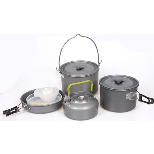 Camping Cookware Mess Kit for 6 and more Large Size Hanging Pot Pan Kettle with Base Dinner Cutlery Sets Dishes Spoons Kit for O