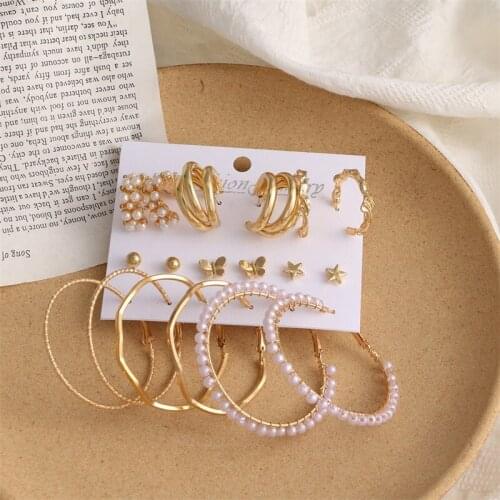 New Butterfly Pearl Earrings 9-piece set creative personality punk Earrings Set