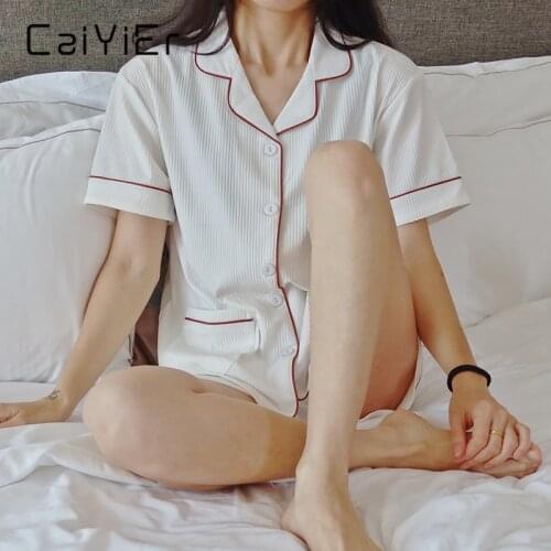 CAIYIER Solid Color Girls Sleepwear Summer Cotton Short Sleeve Shorts Pajamas Set For Women Casual Soft Lingerie Nightwear M-2XL