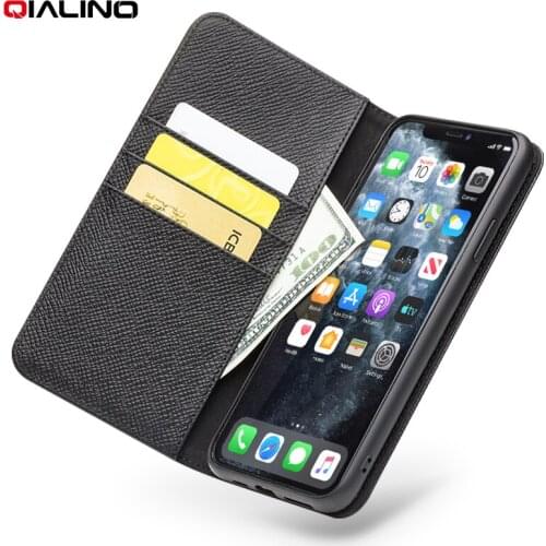 QIALINO Luxury Genuine Leather Phone Cover for iPhone 11/11Pro Card Slots Pocket Magnetic Car Hold Flip Case for iPhone11 ProMAX