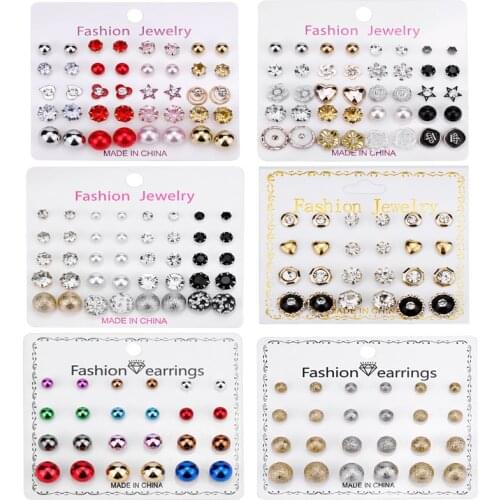 Rinhoo 12/20Pairs Colorful Round Ball Heart Geometric Flower Shape Rhinestone Piercing Stud Earring Female Charm Jewelry Gift