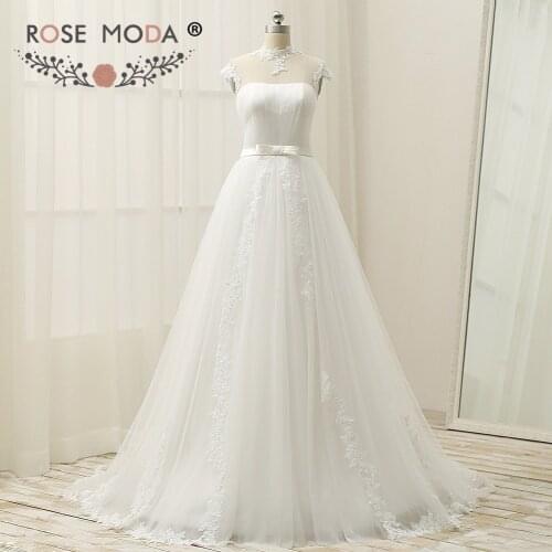 Rose Moda High Neck Cap Sleeves Wedding Dress 2019 Backless Wedding Dresses Boho with Lace Real Photos