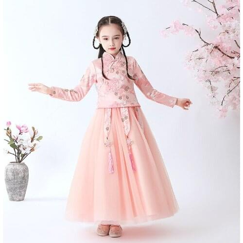 Pink Embroidered princess dress Girls cheongsam dress performance Dress Winter Plush Keep Warm Dresses New Years Dress