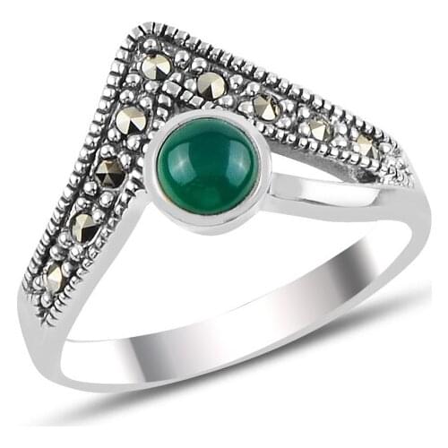 Silverlina Silver Green Agate & Marcasite Ring