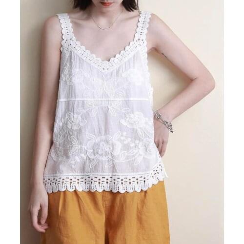 Chic Summer New Cotton And Linen Vest Womens Loose Suspenders Embroidered Lace V-Neck Sleeveless Tank Top For Bottoming zh1086