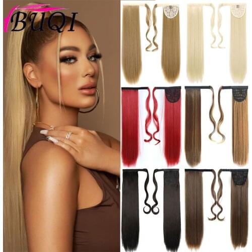 BUQI Synthetic Long Straight Wrap Around Clip In Ponytail Hair Extension Blond Heat Resistant Pony Tail Fake Hair for Women
