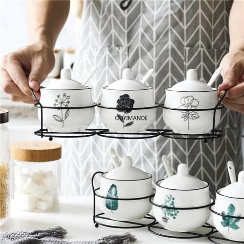 Nordic Ceramic Salt Pepper Tank Set Cruet Seasoning Jar With Iron Holder Spoon Condiment Sugar Spice Storage Box Cooking Tools