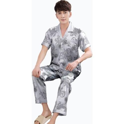 Vintage Gray Chinese Men Satin Pajama Set Plus Size XXXL Pyjamas Suit Short Sleeve Shirt &Pants Trousers Sleepwear Nightwear