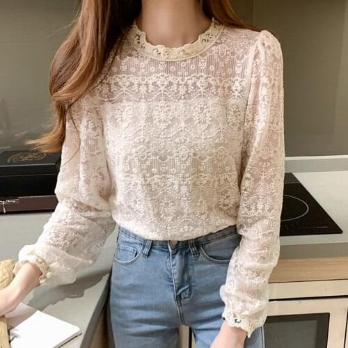 T-shirts Women French Lace Long Sleeve 2021 New Spring Summer Autumn Women Casual Embroidery Blouse Fashion Round Neck C2380