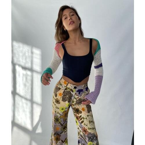 Womens Casual Long Sleeve Cardigan,2021 Summer New Fashion Contrast Color Short Style Knitted Hollow Smock Women-Clothing