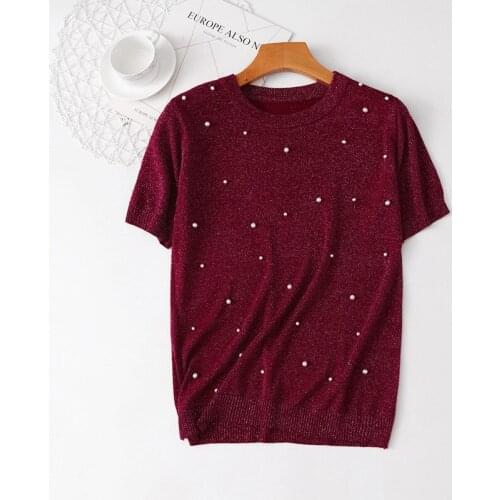 Casual Short Sleeve Knitted Tops Womens Summer Sweater Pullover Female Thin Solid Color O Neck Beading Knit Pullovers Jumper