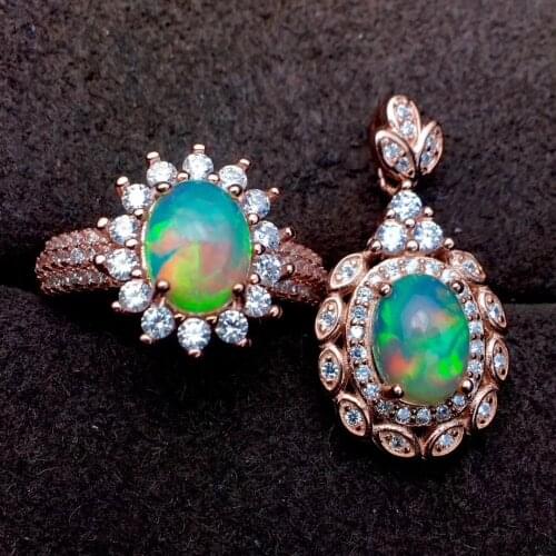 Natural Multicolor opal gem Sunflower fruit Ring Pendant Natural Gemstone Jewelry Set S925 Silver Women girl party gift jewelry