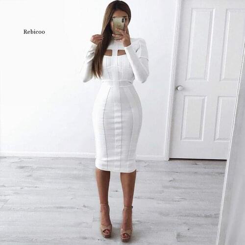 Women White Bandage Dress Bodycon New Arrivals Sexy Cut Out High Neck Long Sleeve Party Rayon Bandage Midi Dress